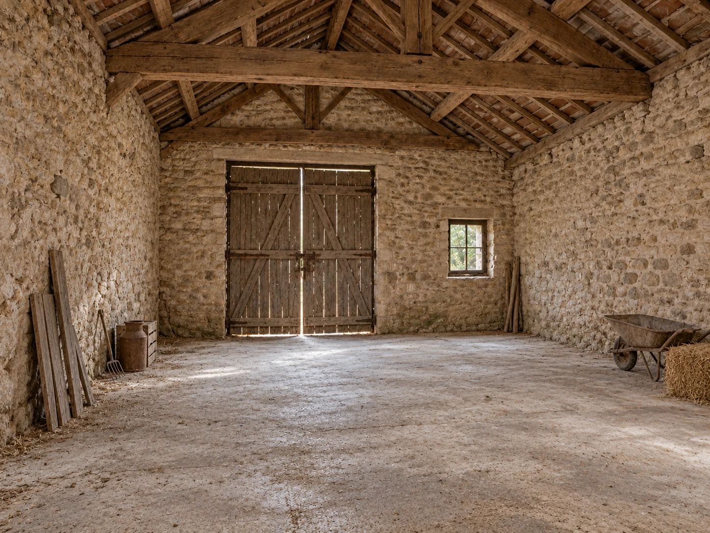 Projection d’aménagement : Grange en pierre avec charpente bois, porte ancienne et sol brut
