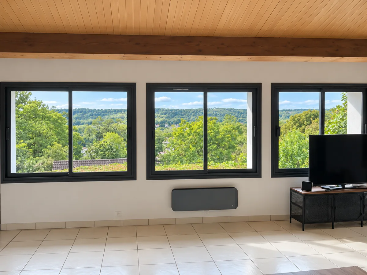 Trois fenêtres coulissantes en aluminium noir sous un plafond bois