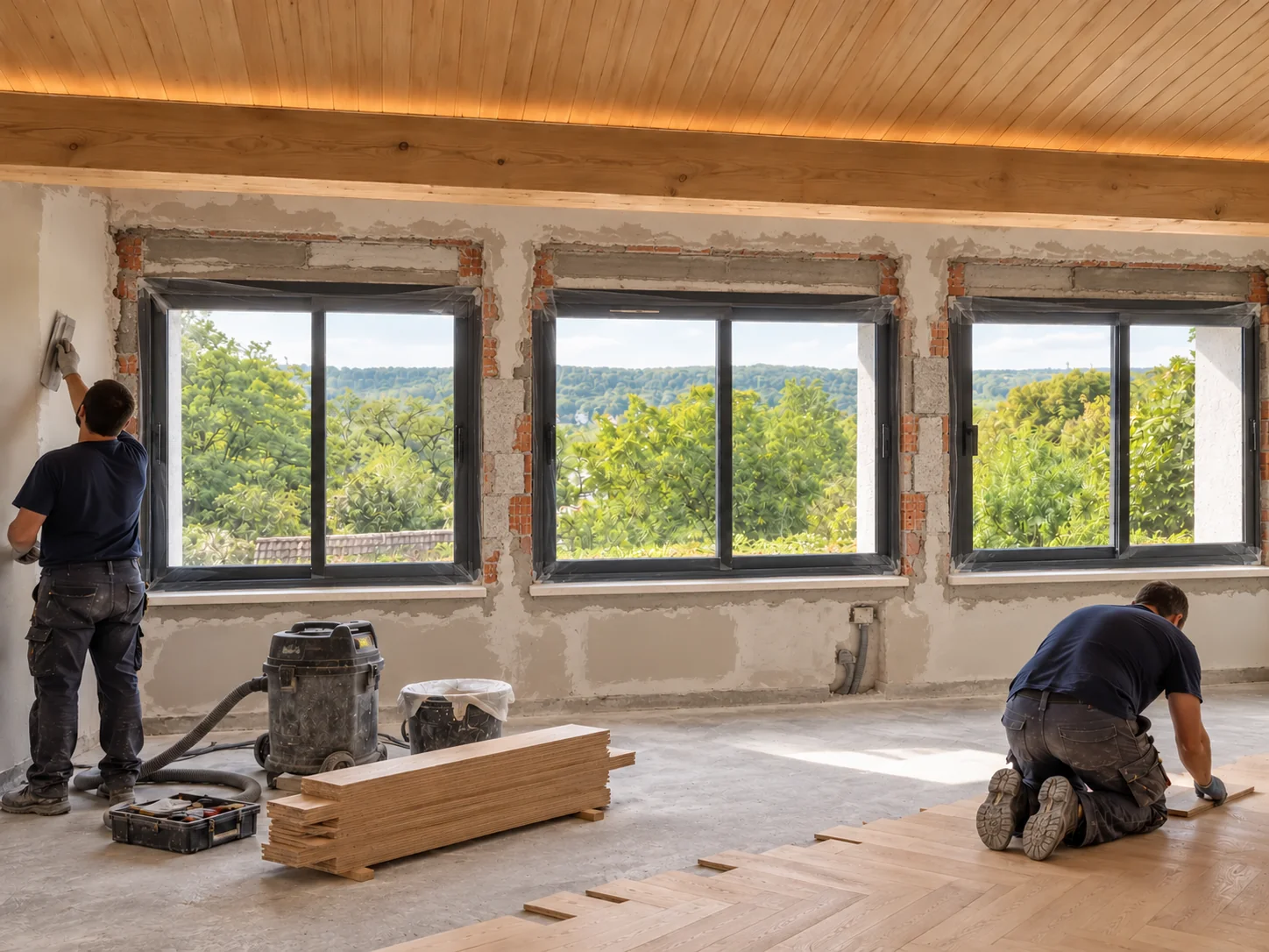 Projection d’aménagement : Chantier avec ouvertures agrandies, reprises de maçonnerie autour des nouvelles fenêtres et pose du parquet