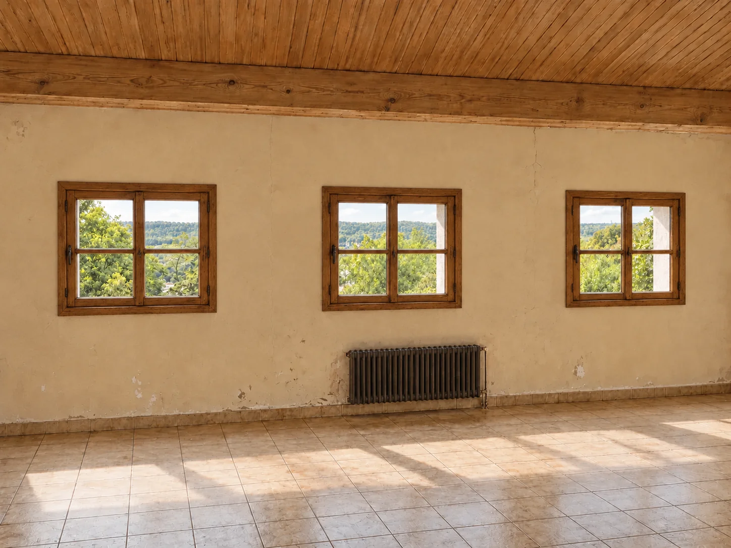 Projection d’aménagement : Pièce ancienne avec petites ouvertures et fenêtres en bois à petits carreaux, sol carrelé et murs usés