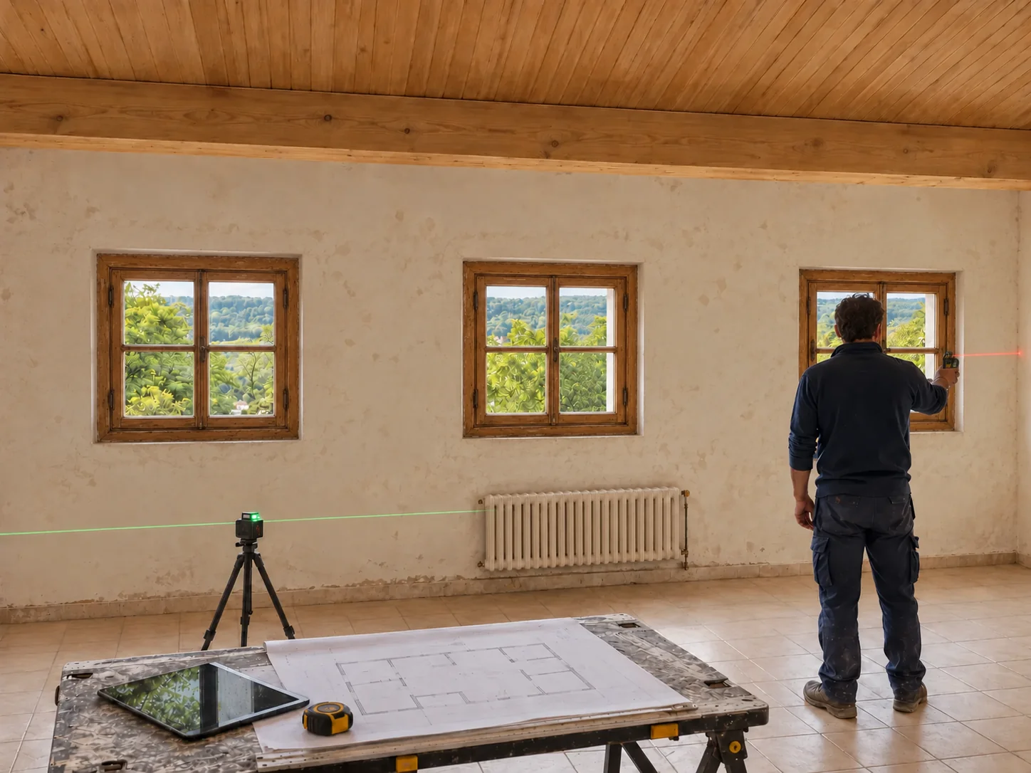 Projection d’aménagement : Relevés laser et plans, devant les petites fenêtres anciennes en bois
